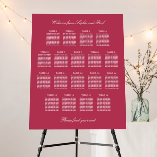 Cherry Magenta 18 Table Wedding Seating Chart Foam Board