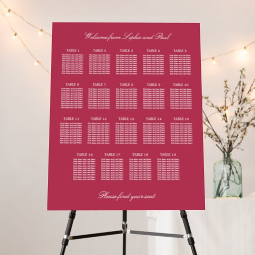 Cherry Magenta 19 Table Wedding Seating Chart Foam Board