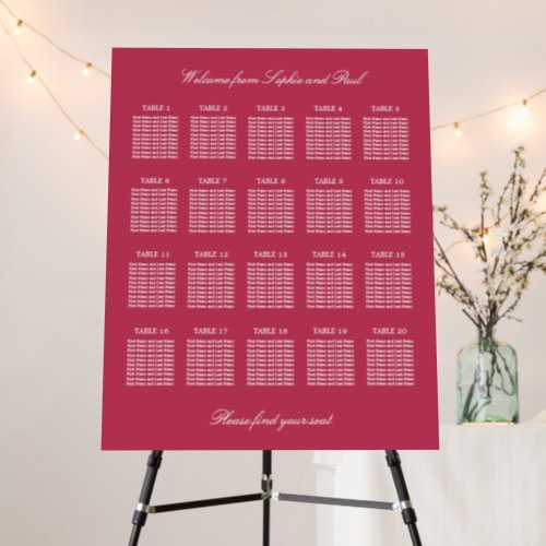 Cherry Magenta 20 Table Wedding Seating Chart Foam Board