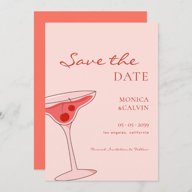 Cherry Martini Pink & Red Wedding Save The Date (Front/Back)