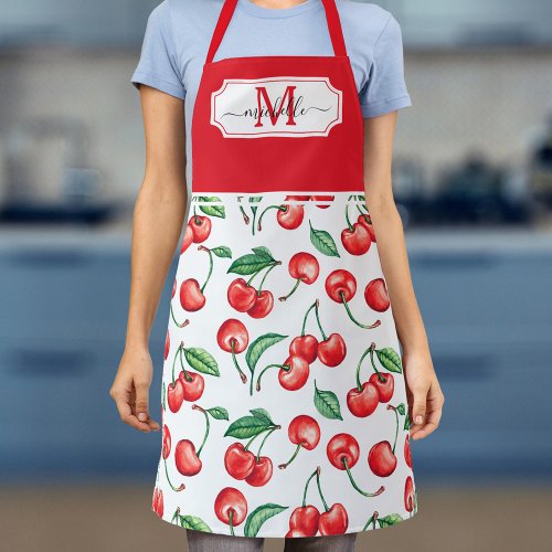 Cherry Monogram Initial Red Apron