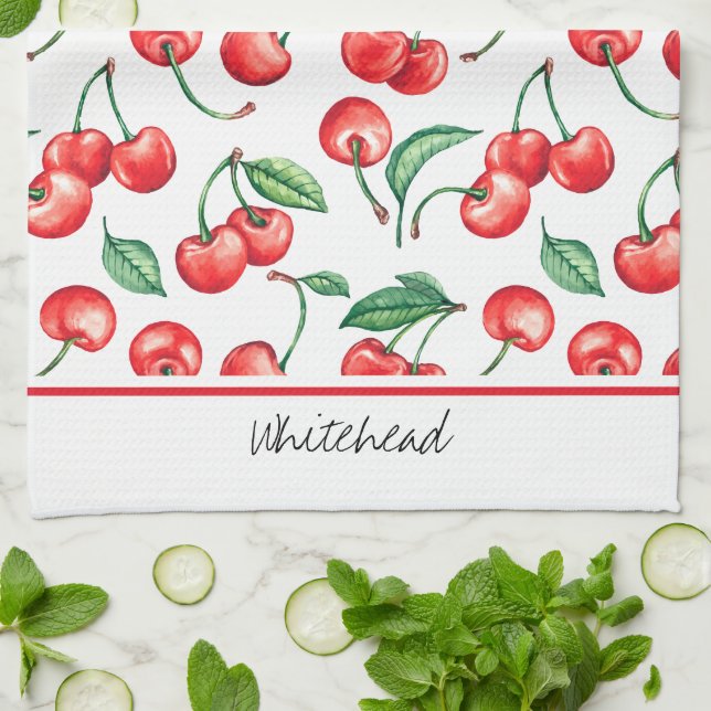 Cherry Monogram Watercolor Kitchen Towel (Folded)