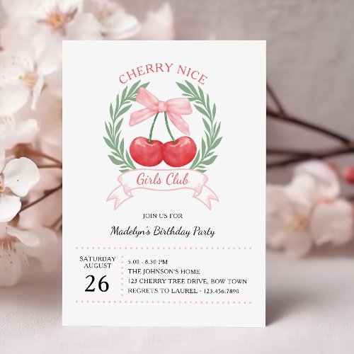 Cherry Nice Girls Club Pink Bow Birthday Invitation