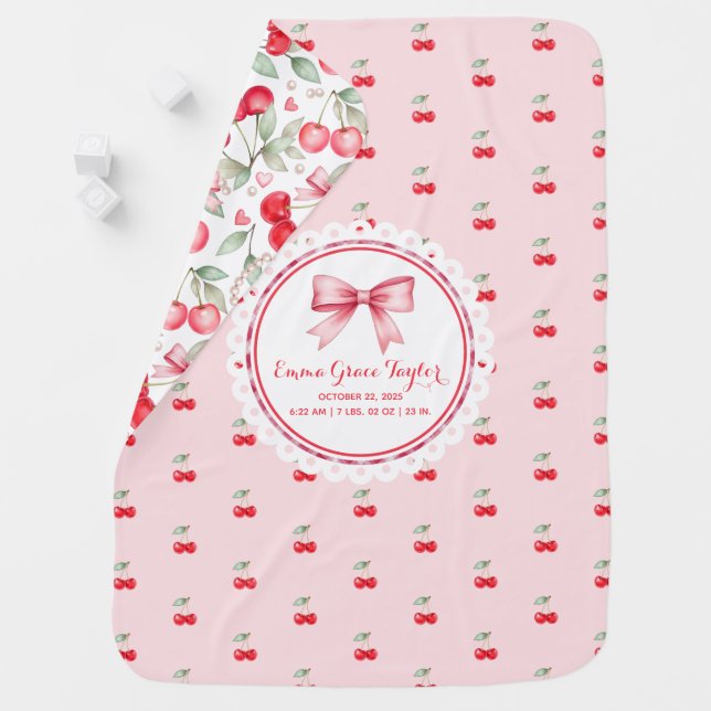 Cherry On Top Baby Birth Stats Blanket (In Situ)
