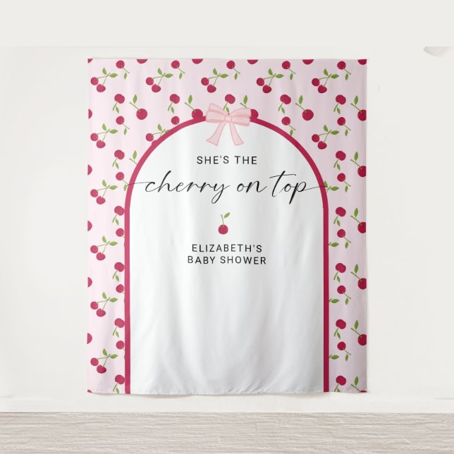 Cherry On Top Baby Shower Coquette Bow Backdrop (Front)