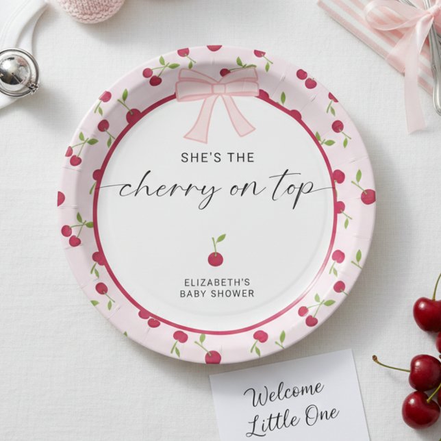 Cherry On Top Baby Shower Coquette Pink Cute Paper Plates (Creator Uploaded)