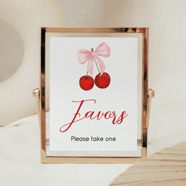 Cherry on Top Baby Shower Favors Poster (Cherry on Top Pink Bow Baby Shower Favors Sign)