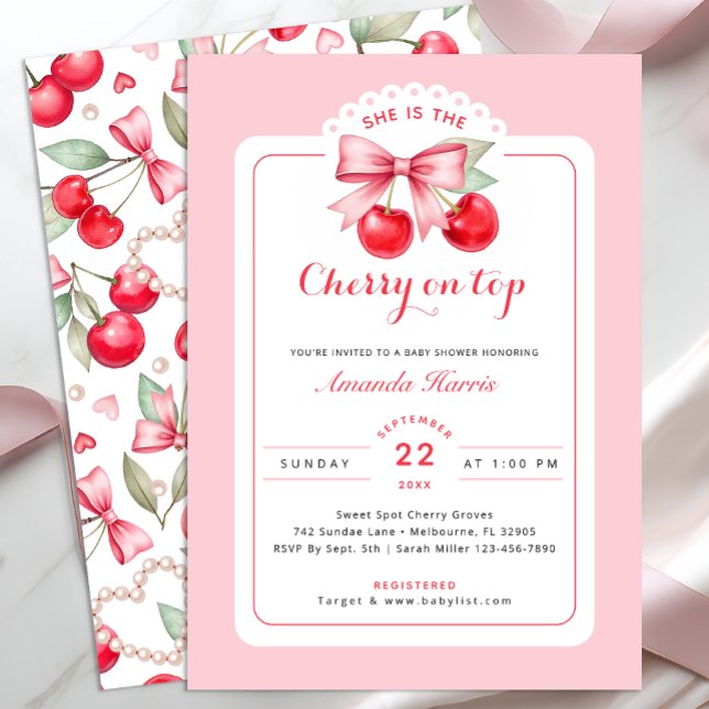 Cherry on Top Baby Shower Invitation Pink Cherries (Cherry on top Invitation)