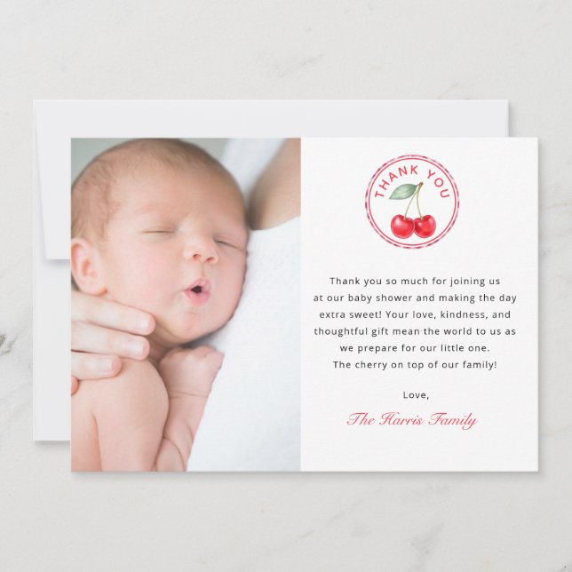 Cherry On Top Baby Shower Photo Thank You Card (Front)