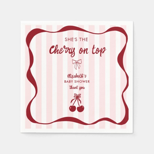 Cherry on Top Baby Shower Pink Stripes Coquette Napkins (Front)