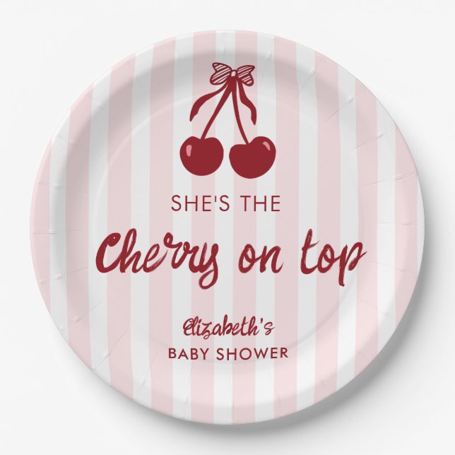 Cherry on Top Baby Shower Pink Stripes Coquette Paper Plates (Front)