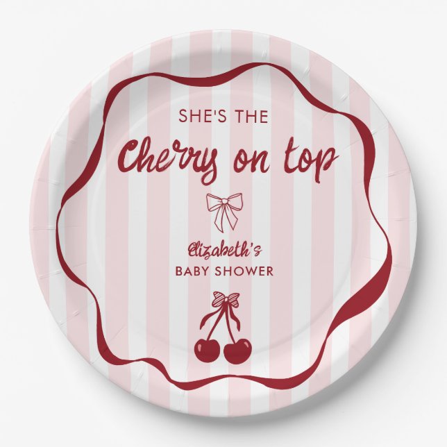 Cherry on Top Baby Shower Pink Stripes Coquette Paper Plates (Front)