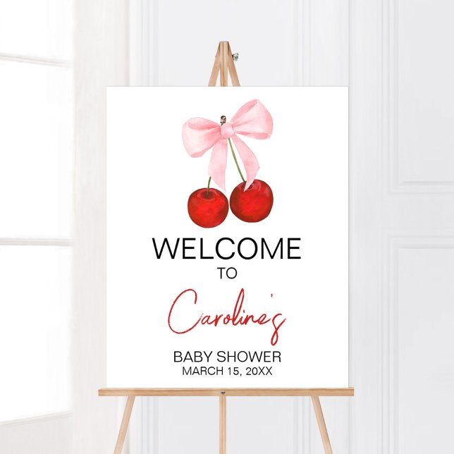 Cherry on Top Baby Shower Welcome Poster (Cherry on Top Pink Bow Baby Shower Welcome Sign)