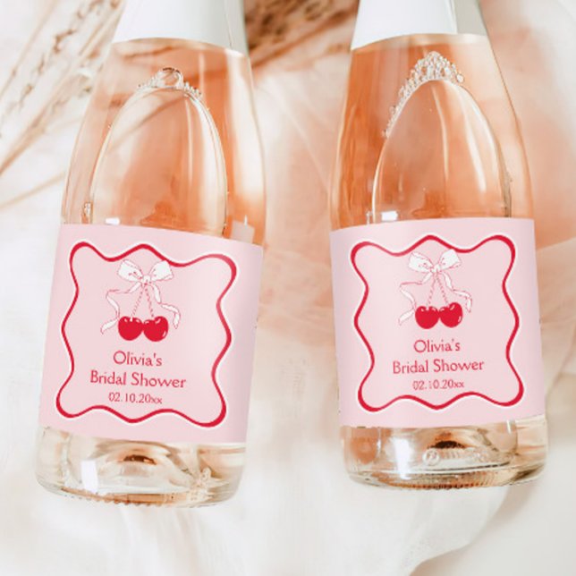 Cherry On Top Bow Bridal Shower Mini Champagne Sparkling Wine Label (Creator Uploaded)