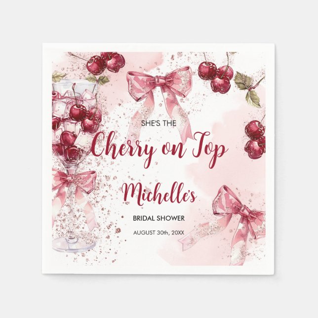 Cherry on Top Bow Cocktail Summer Bridal Shower Napkins (Front)
