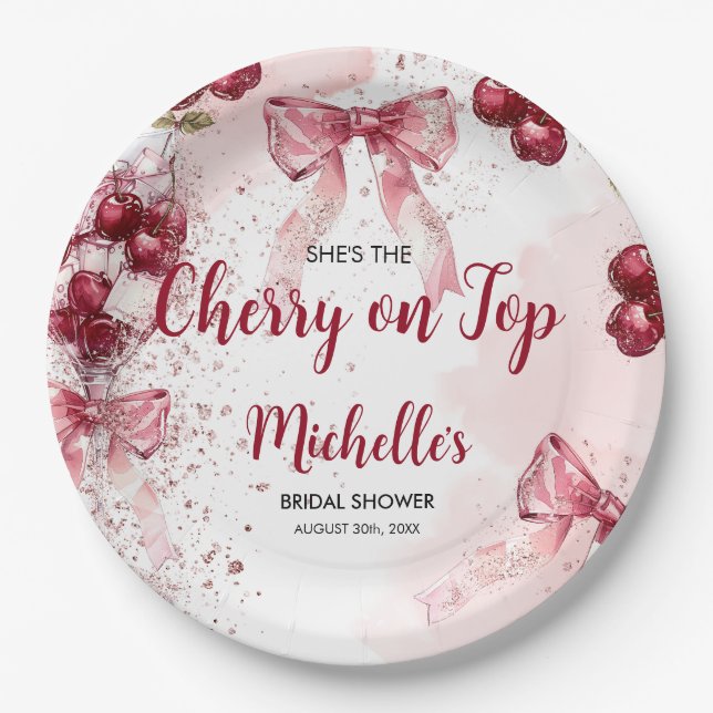 Cherry on Top Bow Cocktail Summer Bridal Shower Paper Plates (Front)