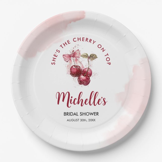 Cherry on Top Bow Cocktail Summer Bridal Shower Paper Plates (Front)