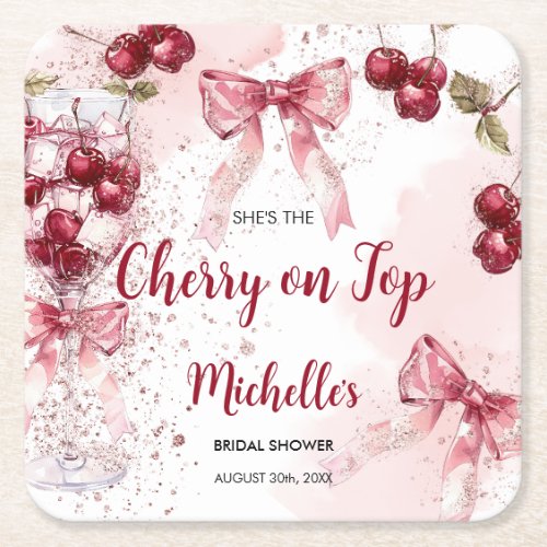 Cherry on Top Bow Cocktail Summer Bridal Shower Square Paper Coaster