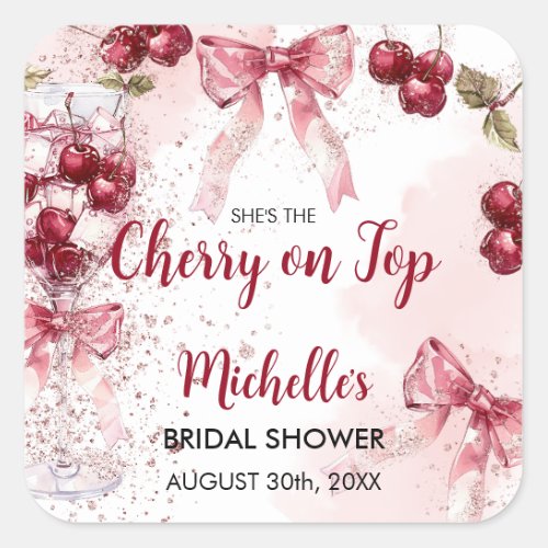 Cherry on Top Bow Cocktail Summer Bridal Shower Square Sticker