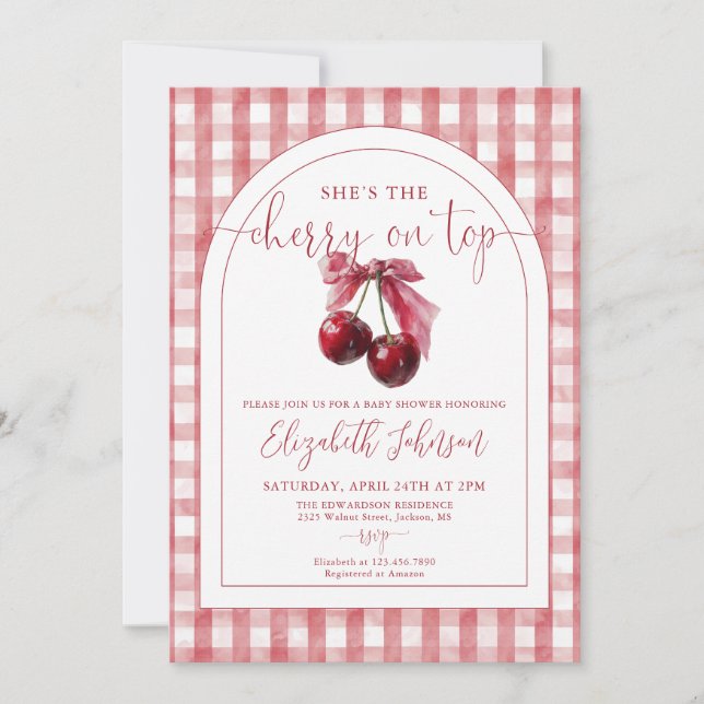 Cherry On Top Bow QR Code Girl Baby Shower Invitation (Front)