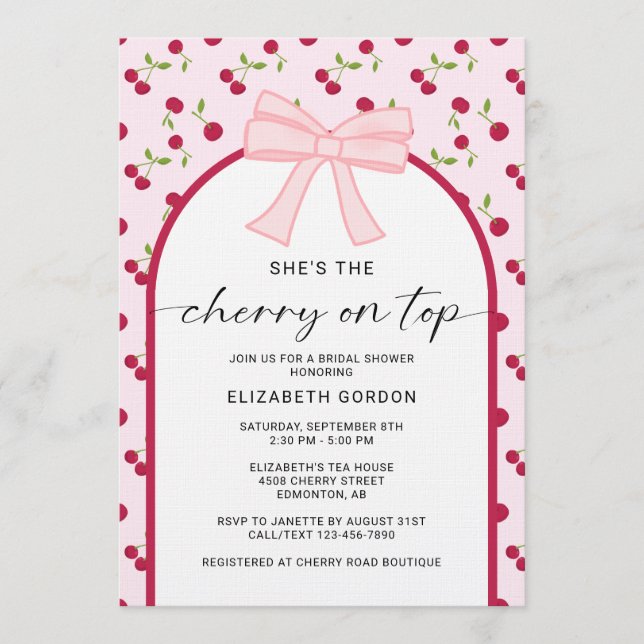 Cherry On Top Bridal Shower Coquette Bow Invitation (Front)
