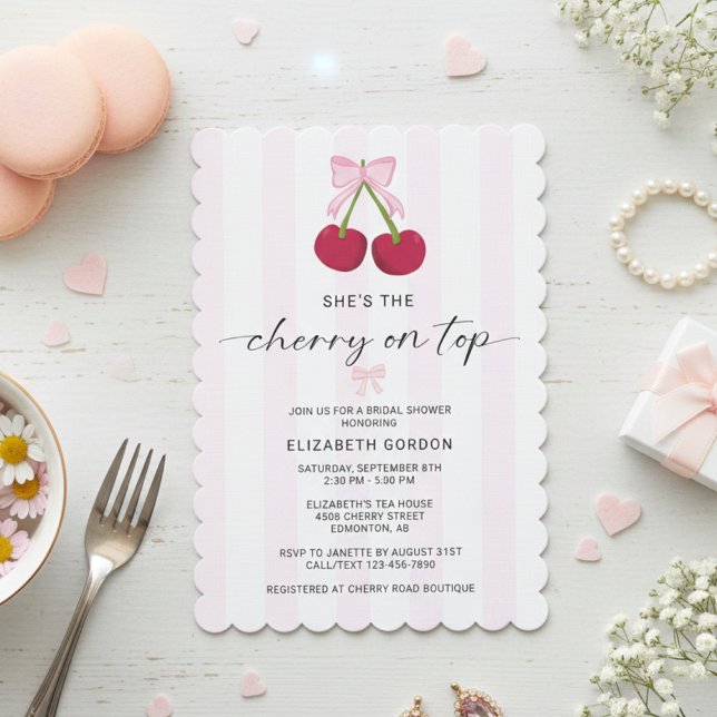 Cherry On Top Bridal Shower Coquette Bow Stripes Invitation (Creator Uploaded)