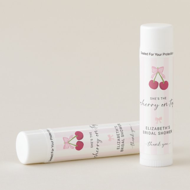 Cherry On Top Bridal Shower Coquette Bow Stripes Lip Balm (Front)