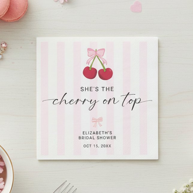 Cherry On Top Bridal Shower Coquette Bow  Stripes Napkins (Creator Uploaded)