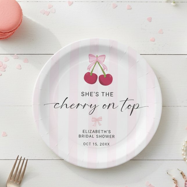 Cherry On Top Bridal Shower Coquette Bow Stripes Paper Plates (Creator Uploaded)