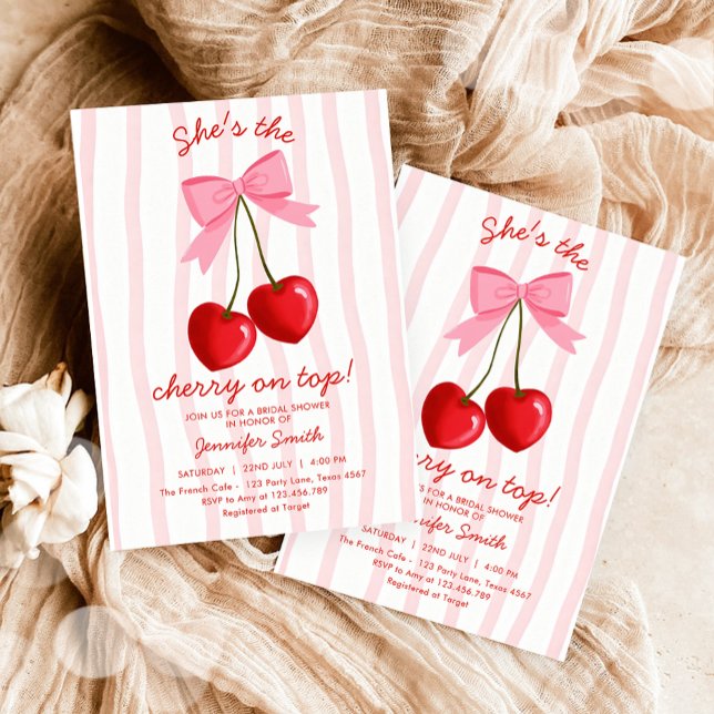 Cherry On Top Bridal Shower Cute Pink Red Bow Invitation (Creator Uploaded)
