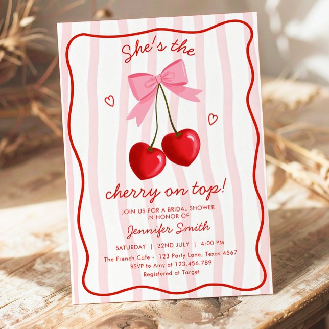 Cherry On Top Bridal Shower Cute Pink Red Bow Invitation (Creator Uploaded)