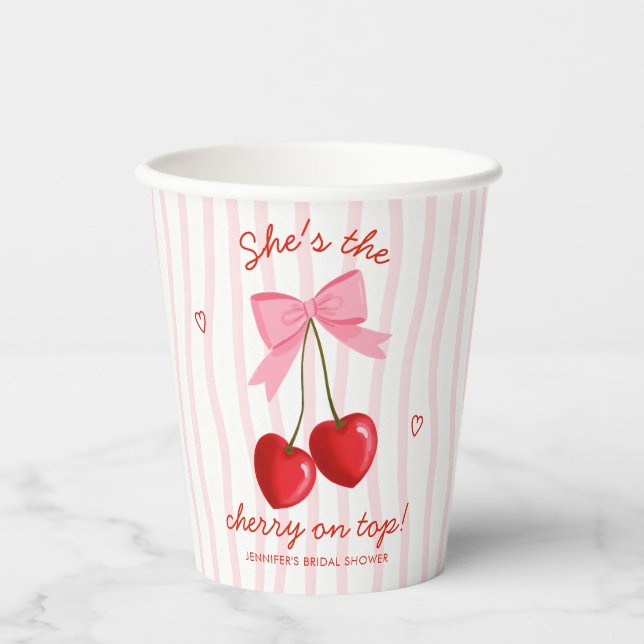 Cherry On Top Bridal Shower Cute Pink Red Bow Paper Cups (Front)
