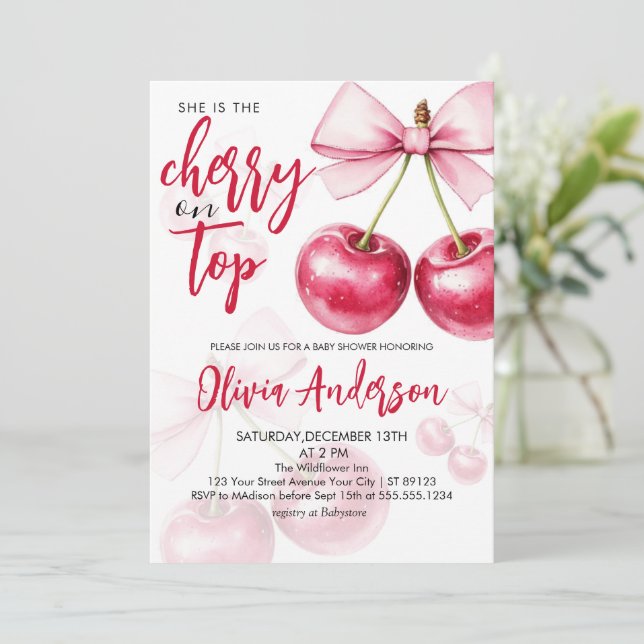 Cherry on Top Cherries Baby Shower Invitation (Standing Front)