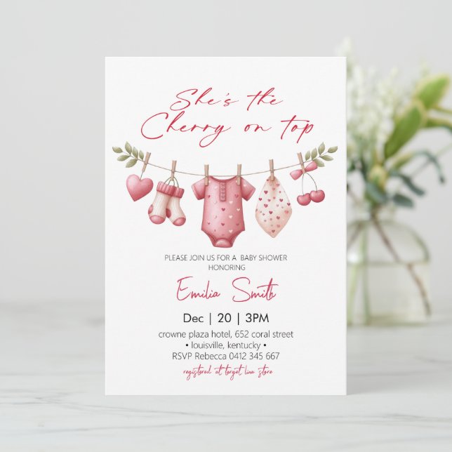Cherry on Top clothesline  Baby Shower Invitation (Standing Front)