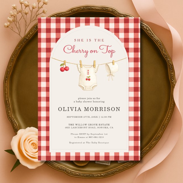 Cherry on Top Clothesline Gingham Baby Shower Invitation (Creator Uploaded)