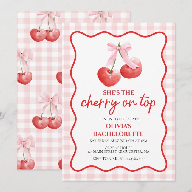 Cherry on Top coquette bachelorette party Invitation (Front/Back)