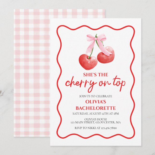 Cherry on Top coquette bachelorette party Invitation (Front/Back)