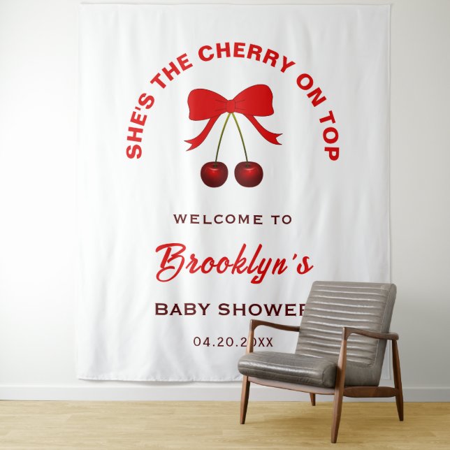 Cherry On Top Coquette Bow Baby Shower Backdrop (In Situ)