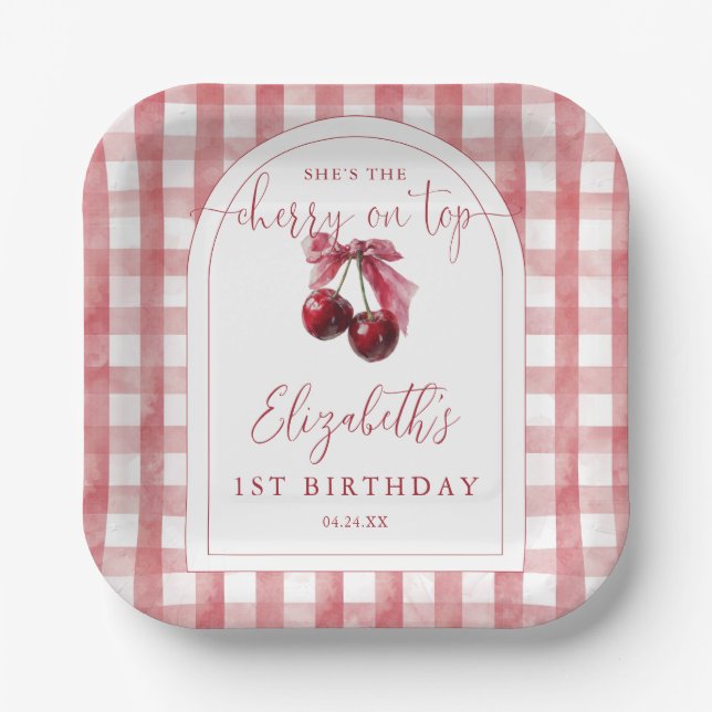 Cherry On Top Coquette Bow Birthday Paper Plates (Front)