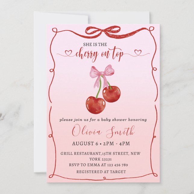 Cherry on Top Coquette Bow Cherry Girl Baby Shower Invitation (Front)