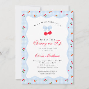 Cherry on Top Coquette Bow Gingham Baby Shower Invitation