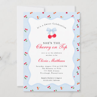 Cherry on Top Coquette Bow Gingham Baby Shower Invitation