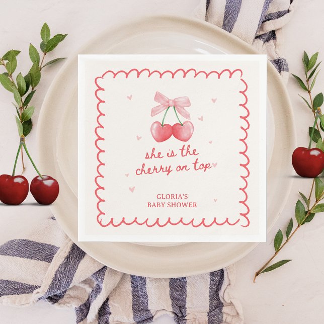 Cherry on Top Coquette Bow Girl's Baby Shower  Napkins (She is the cherry on top Baby Shower Personalized Napkins 
Decoration)