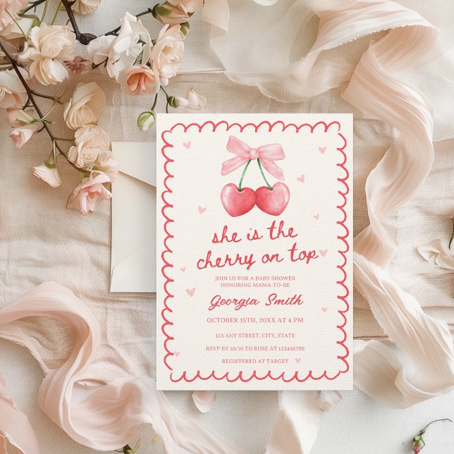 Cherry on Top Coquette Bow Hand-drawn Baby Shower Invitation (She is the cherry on top Baby Shower Invitation Coquette Bow Pink & Red Vintage Retro)