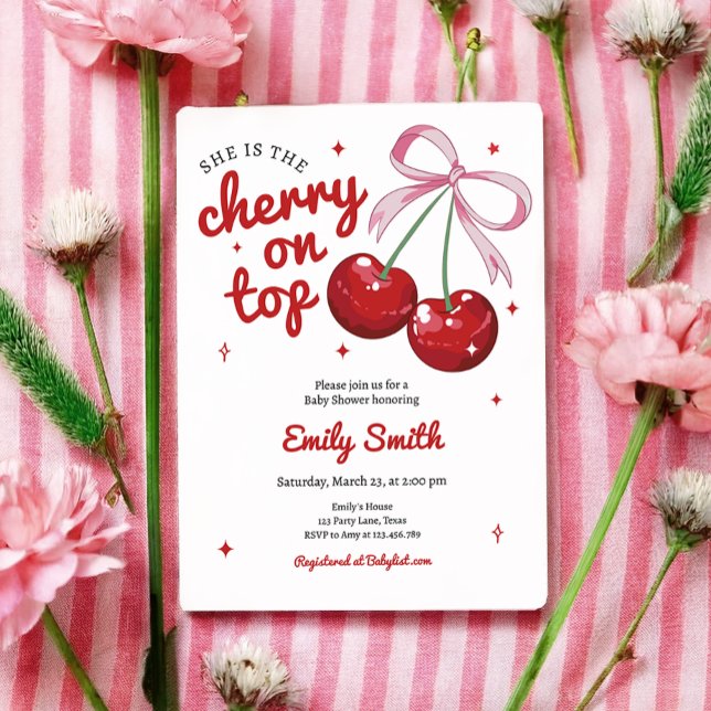 Cherry On Top Coquette Bow Pink Girl Baby Shower Invitation (Creator Uploaded)