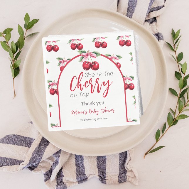 Cherry on Top Coquette Pink Bow Baby Shower Napkins (Creator Uploaded)