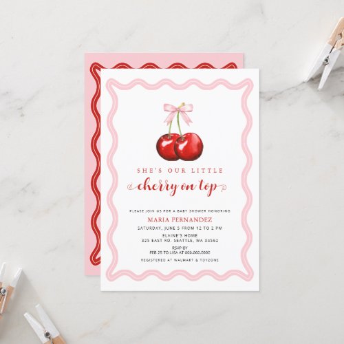 Cherry on Top Coquette Pink Bow Girl Baby Shower Invitation