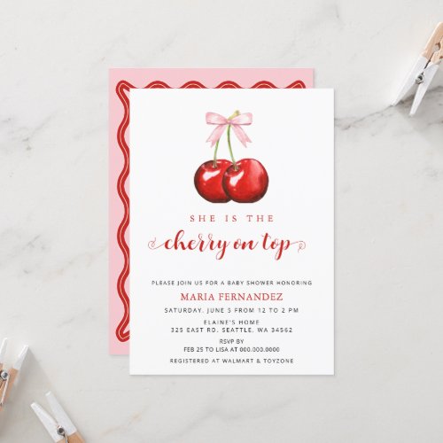 Cherry on Top Coquette Pink Bow Girl Baby Shower Invitation