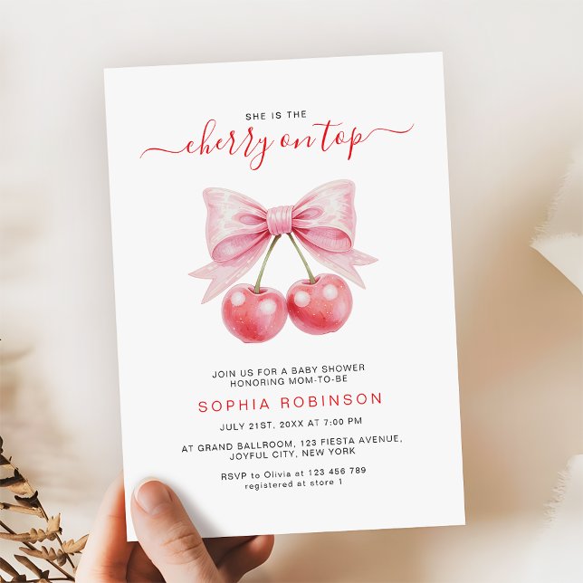 Cherry On Top Coquette Pink Bow Girl Baby Shower Invitation (Creator Uploaded)