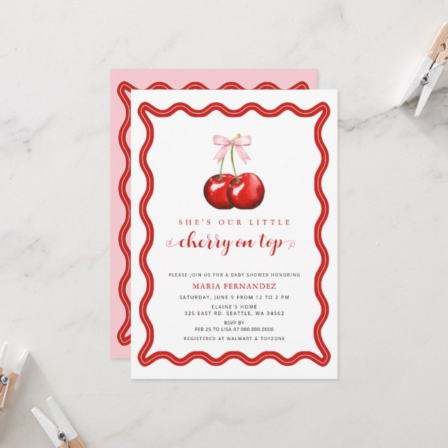 Cherry on Top Coquette Pink Bow Girl Baby Shower Invitation (Front/Back In Situ)